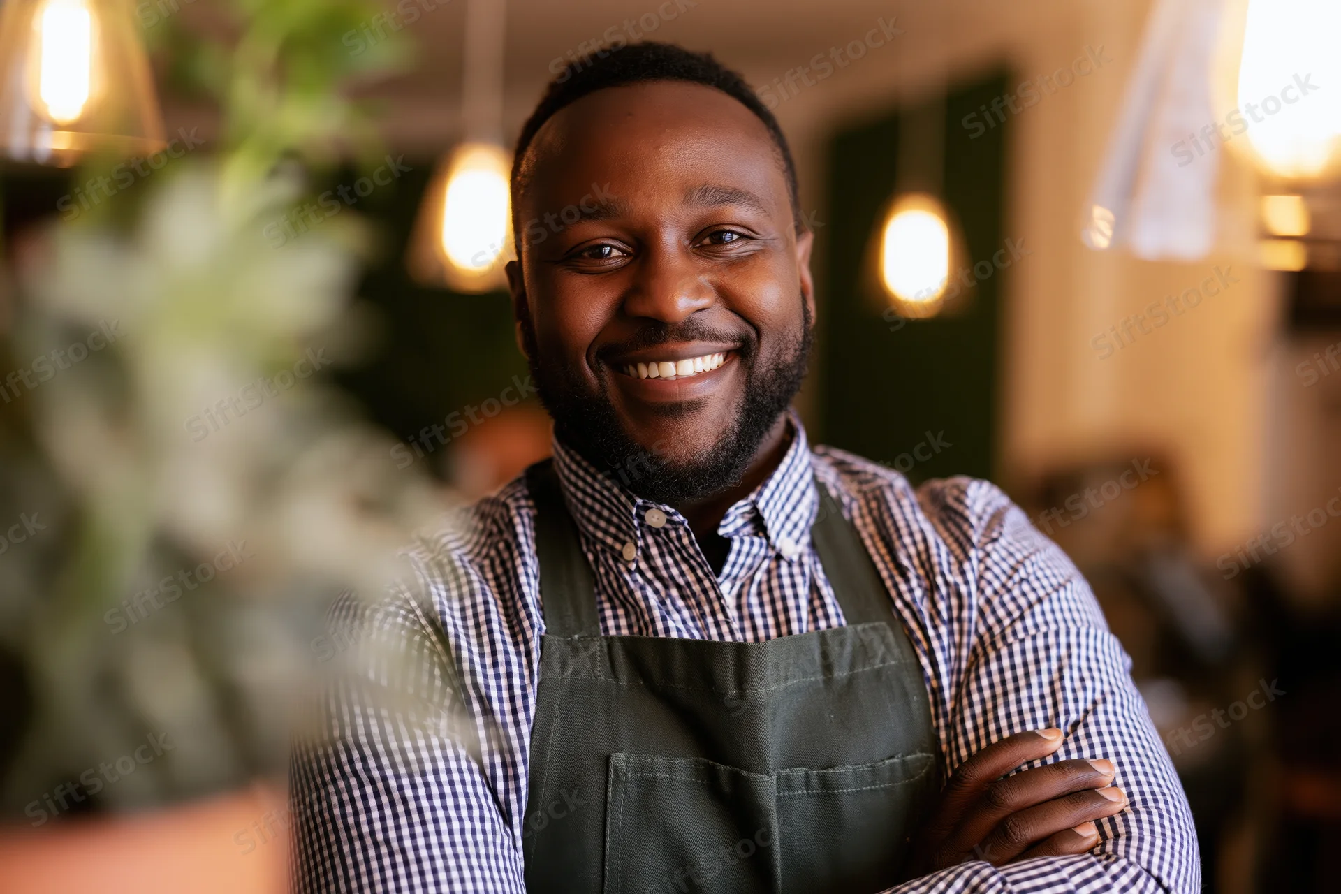 Smiling black male cafe owner with arms crossed in interior space