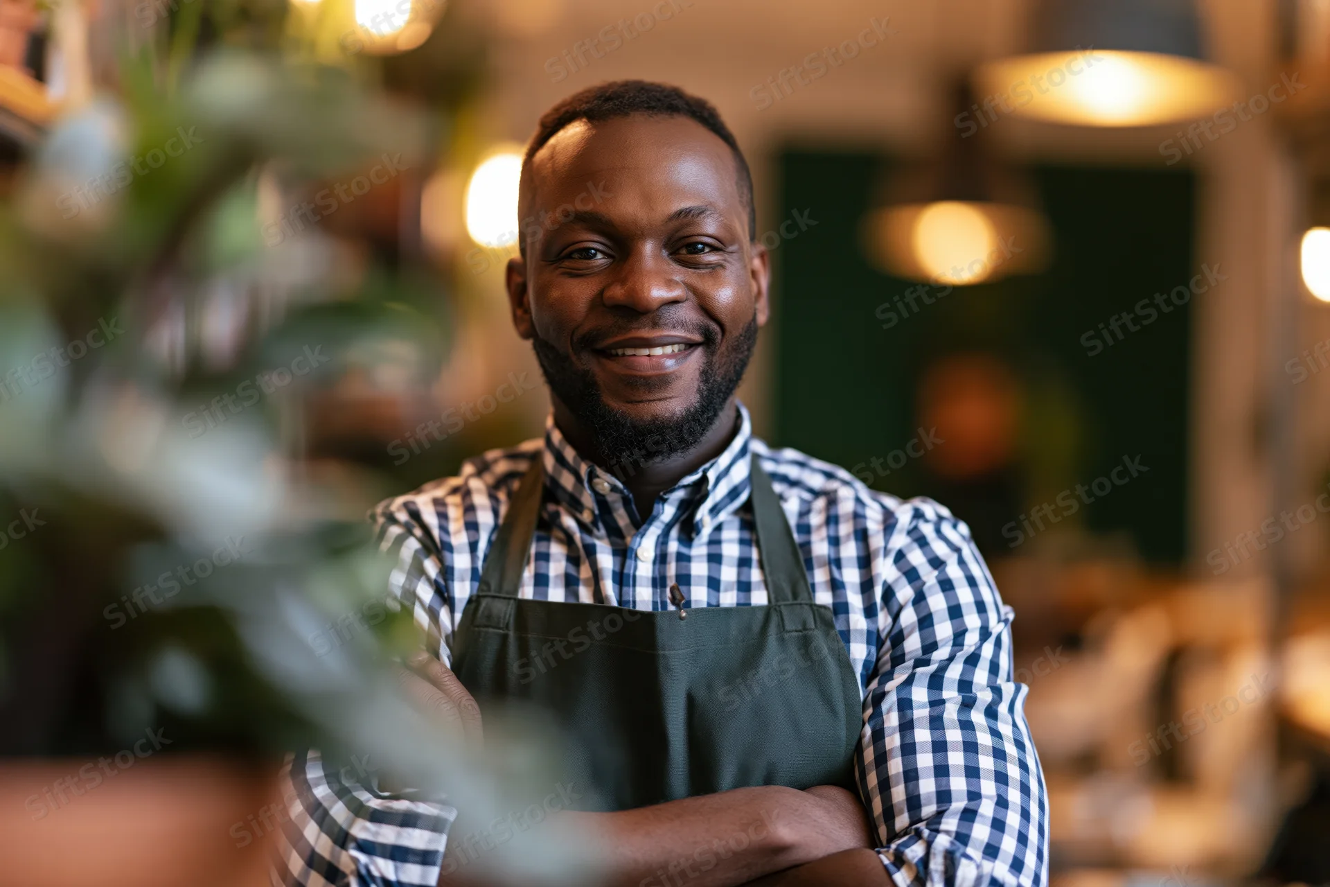 Smiling black male cafe owner with arms crossed wearing apron and checkered shirt in cozy interior