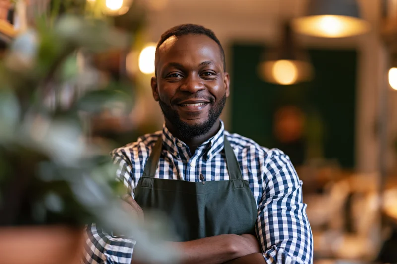 Smiling black male cafe owner with arms crossed wearing apron and checkered shirt in cozy interior