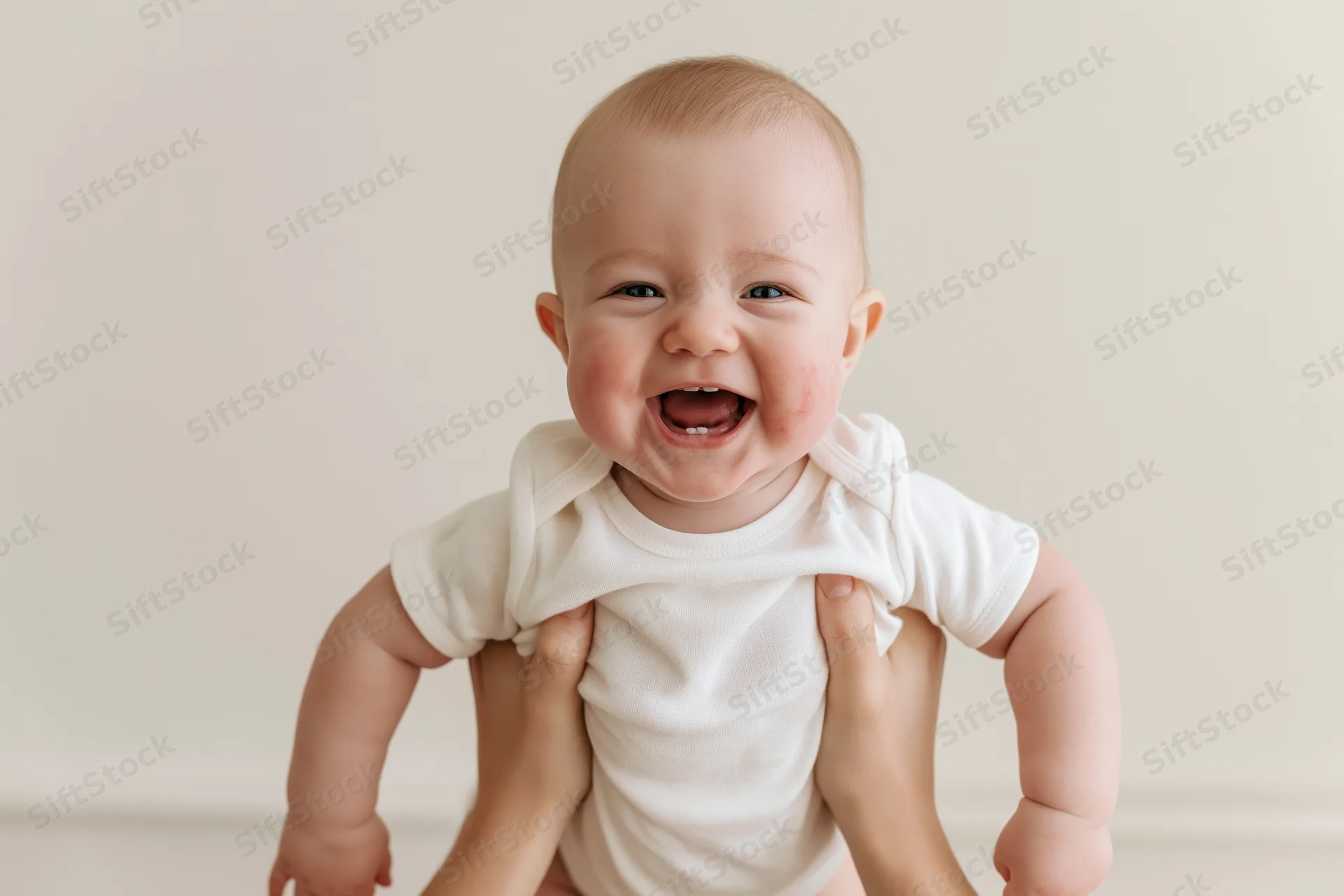 Smiling baby being held up by hands with chubby cheeks in a studio setting