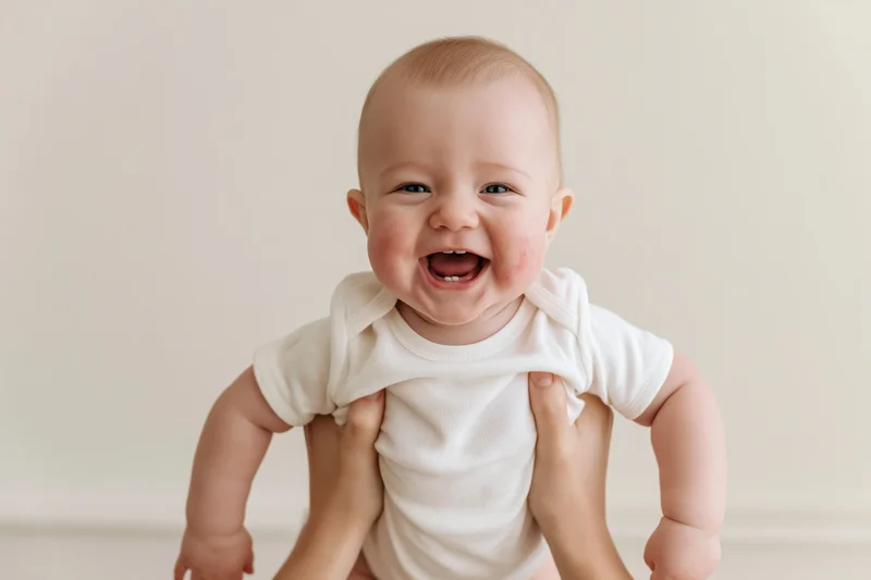 Smiling baby being held up by hands with chubby cheeks in a studio setting