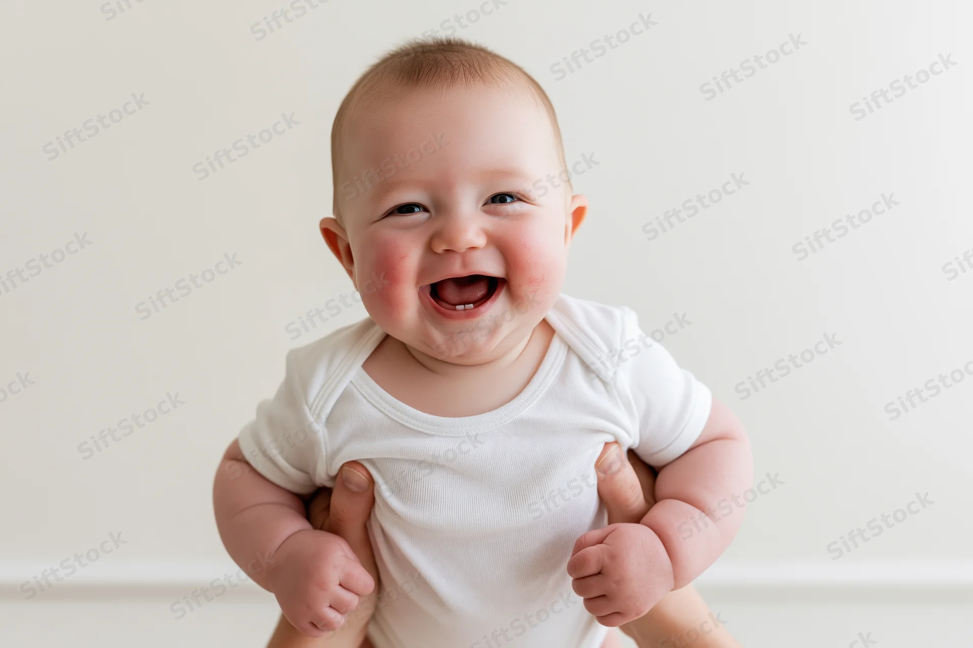 Smiling baby being held up by parent's hands in white onesie