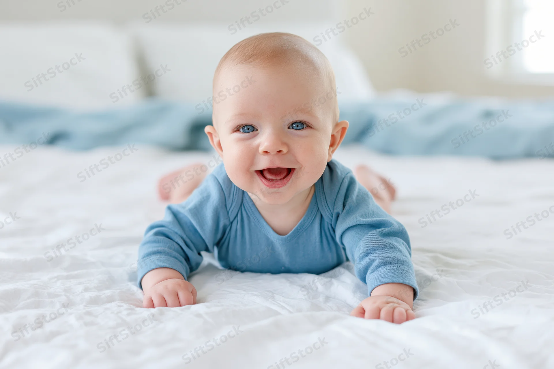 Baby lying on tummy on white bed smiling with blue eyes