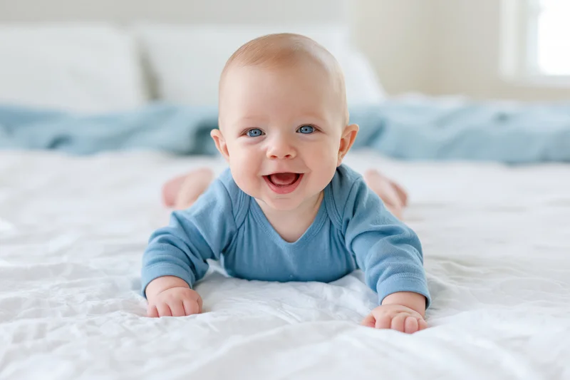 Baby lying on tummy on white bed smiling with blue eyes