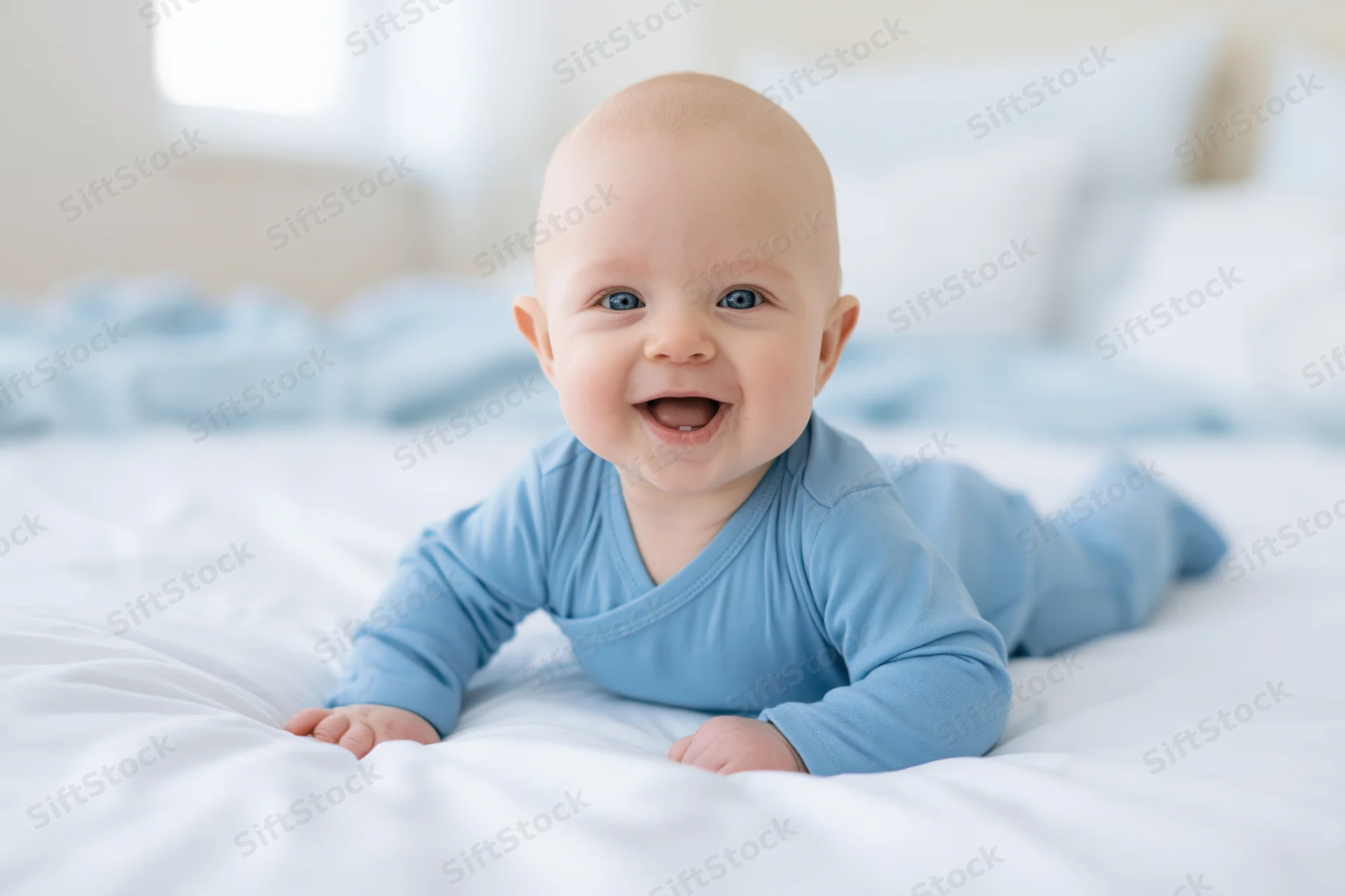 Smiling baby boy lying on his tummy on a soft white bed