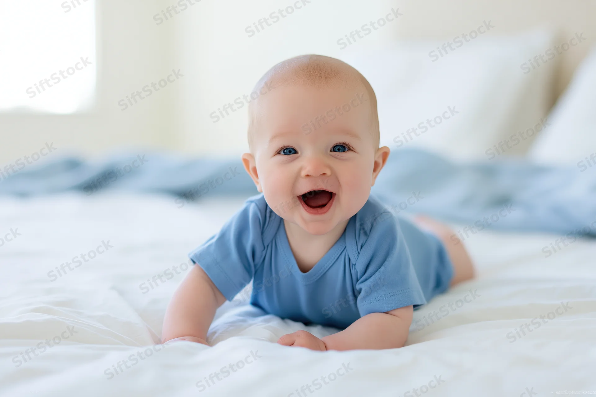 Baby boy smiling while lying on tummy on white bed