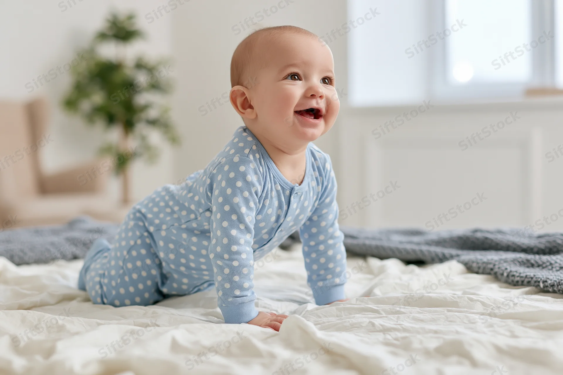 Smiling baby crawling on a bed looking up to the side
