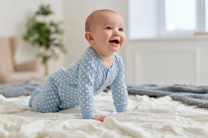Smiling baby crawling on a bed looking up to the side