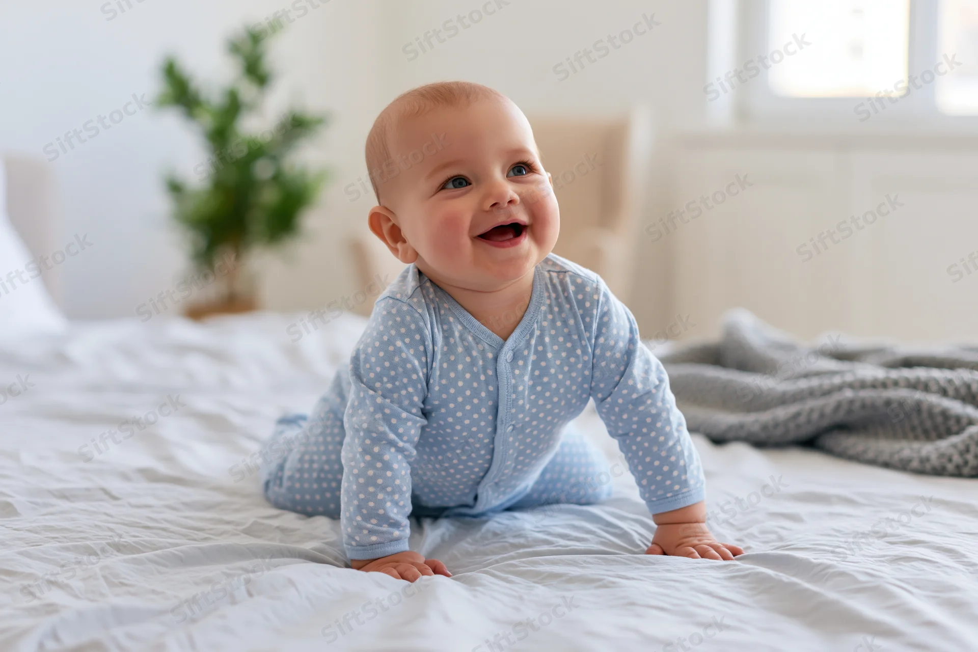 Baby crawling on bed looking up to the side, smiling, in blue polka dot onesie