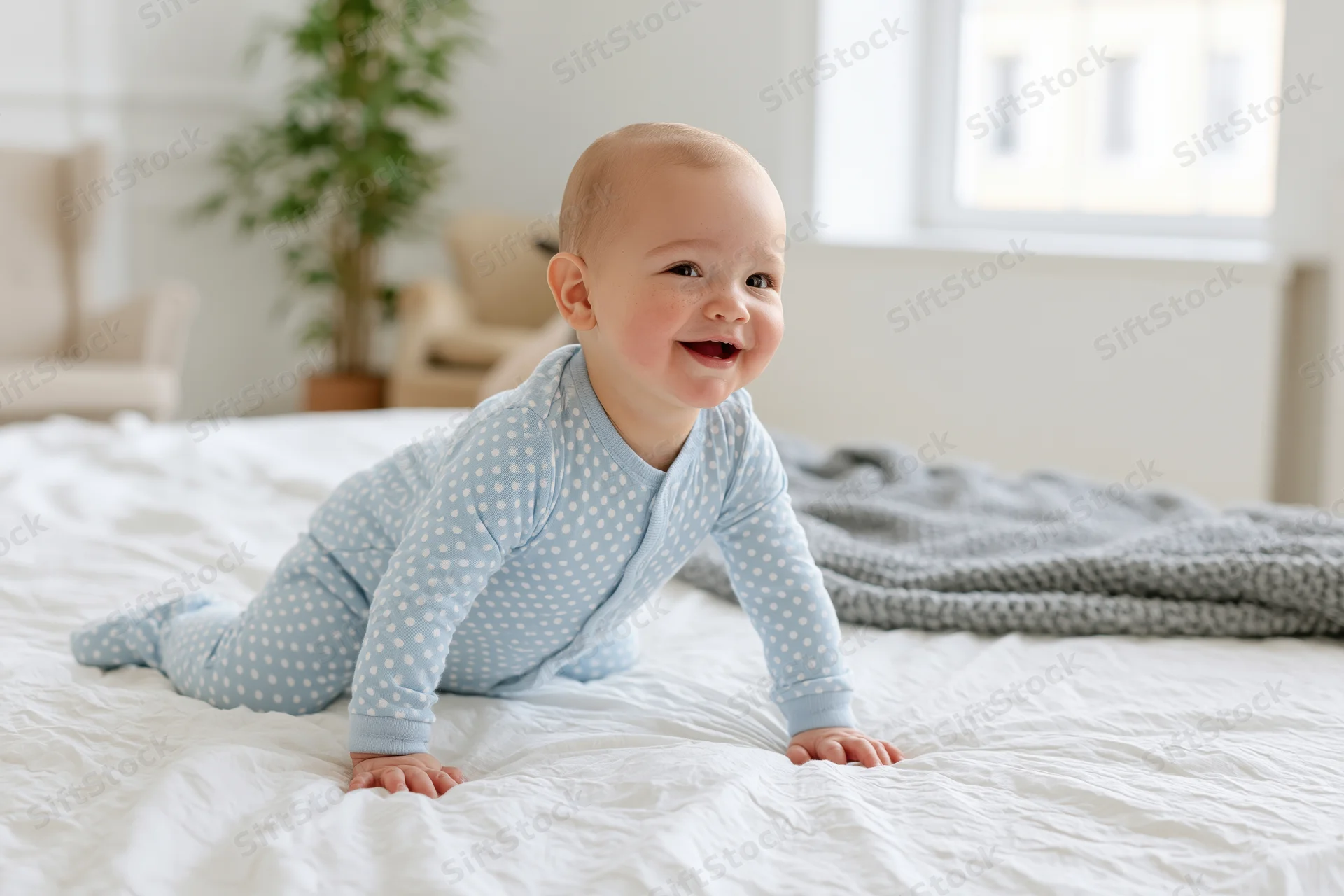 Smiling baby crawling on a white bed in a bright bedroom