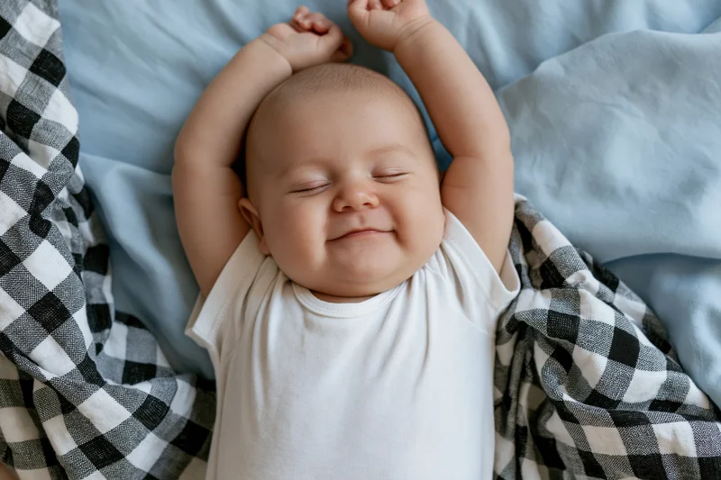 Baby sleeping with arms raised above head on blue blanket with checkered coverlet