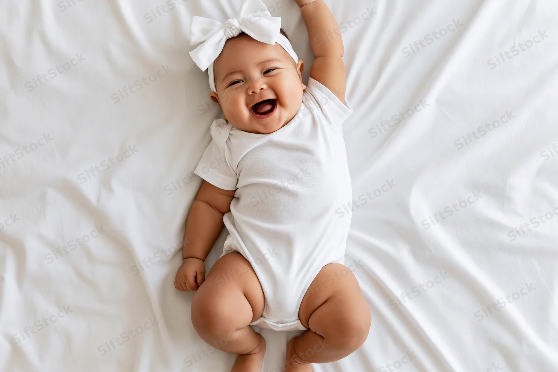 Smiling baby girl lying on her back on a white bed with one hand raised, wearing a white onesie and bow headband