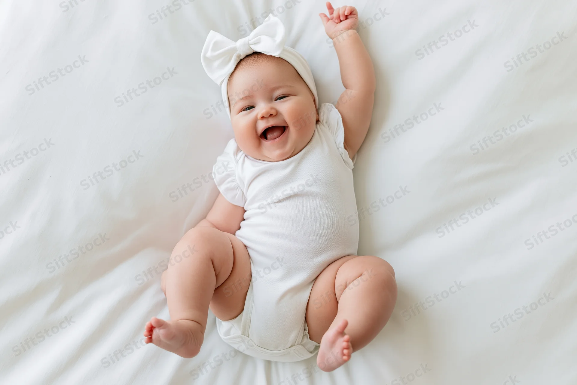 Smiling baby girl lying on her back on a white bed with one arm raised and wearing a white bow headband and onesie