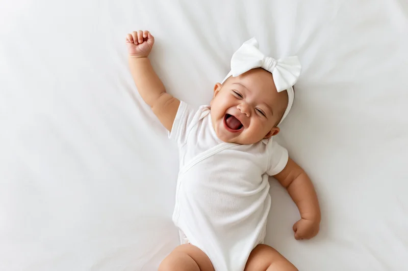 Baby girl laughing while lying on back on white bed with one arm raised and white bow headband