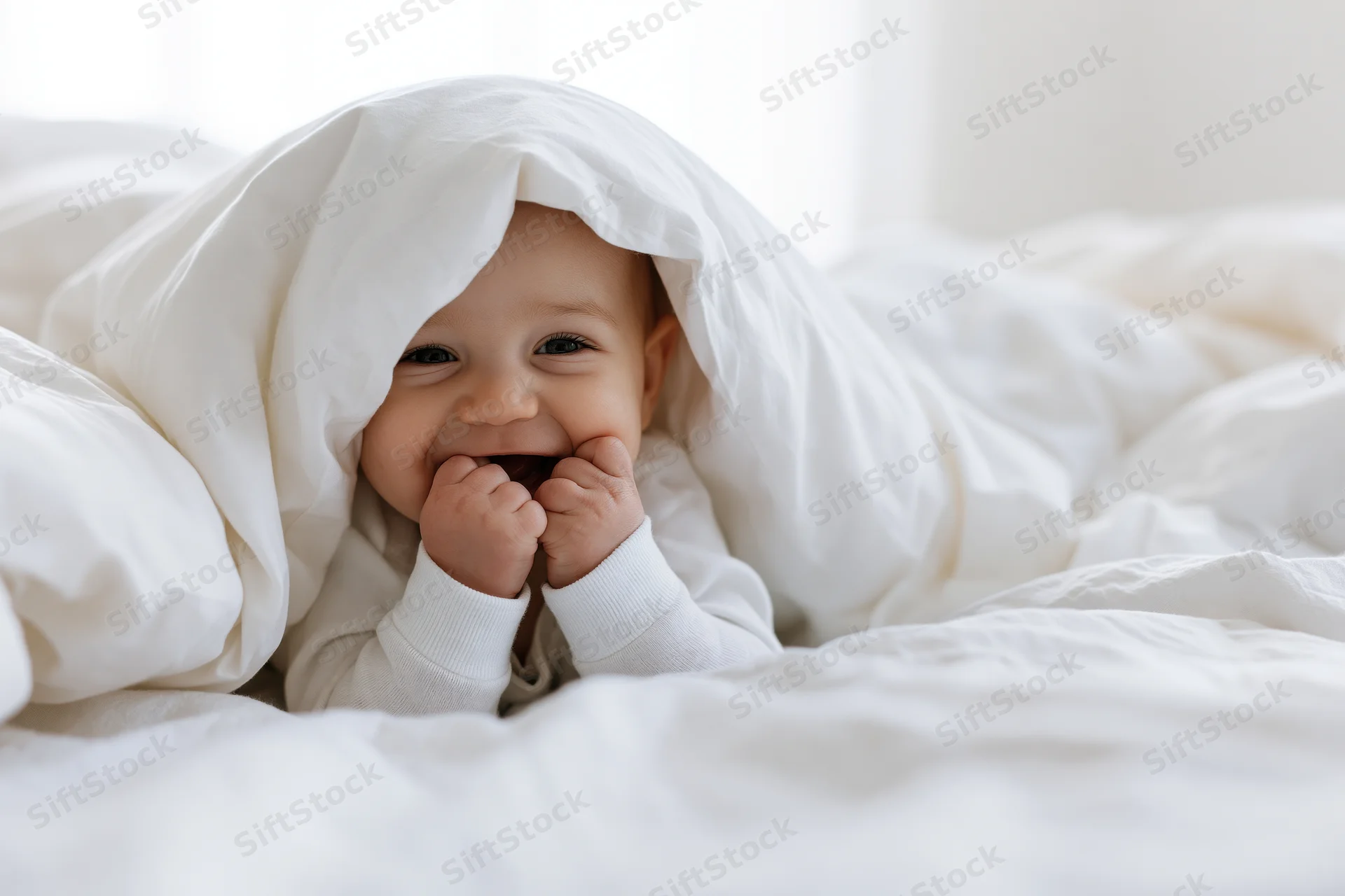 Smiling baby peeking from under white blanket on bed