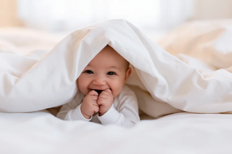 Smiling baby peeking from under white blanket on bed
