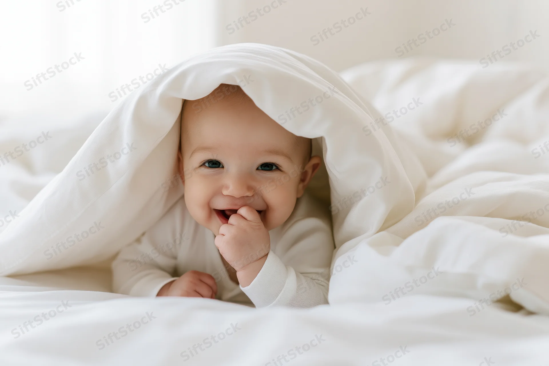 Smiling baby peeking from under white blanket on bed
