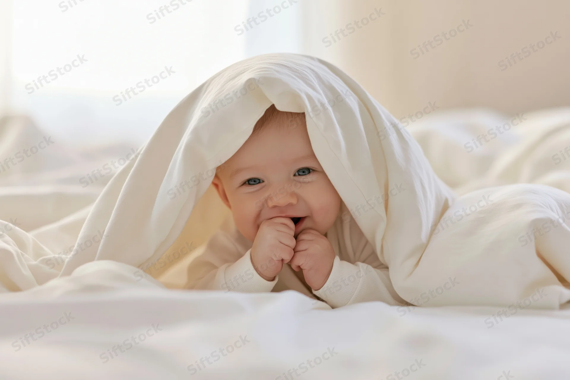 Smiling baby lying on white bed peeking from under blanket
