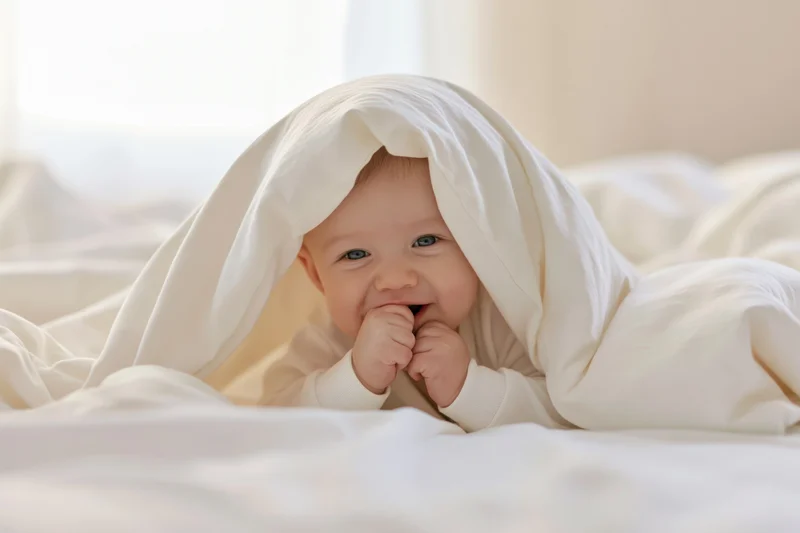 Smiling baby lying on white bed peeking from under blanket