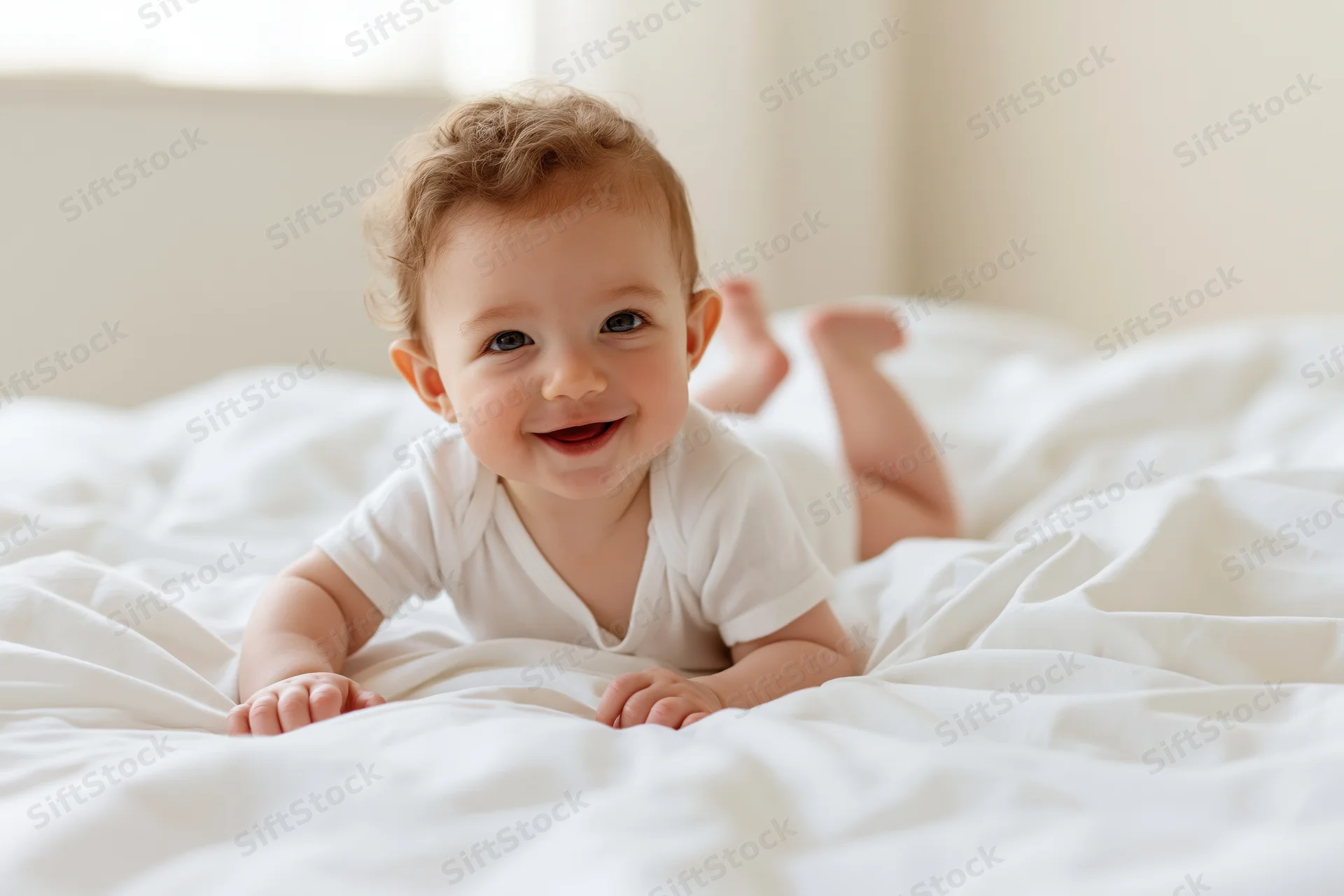 Smiling baby crawling on stomach on white bed in bedroom