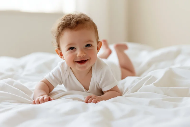 Smiling baby crawling on stomach on white bed in bedroom