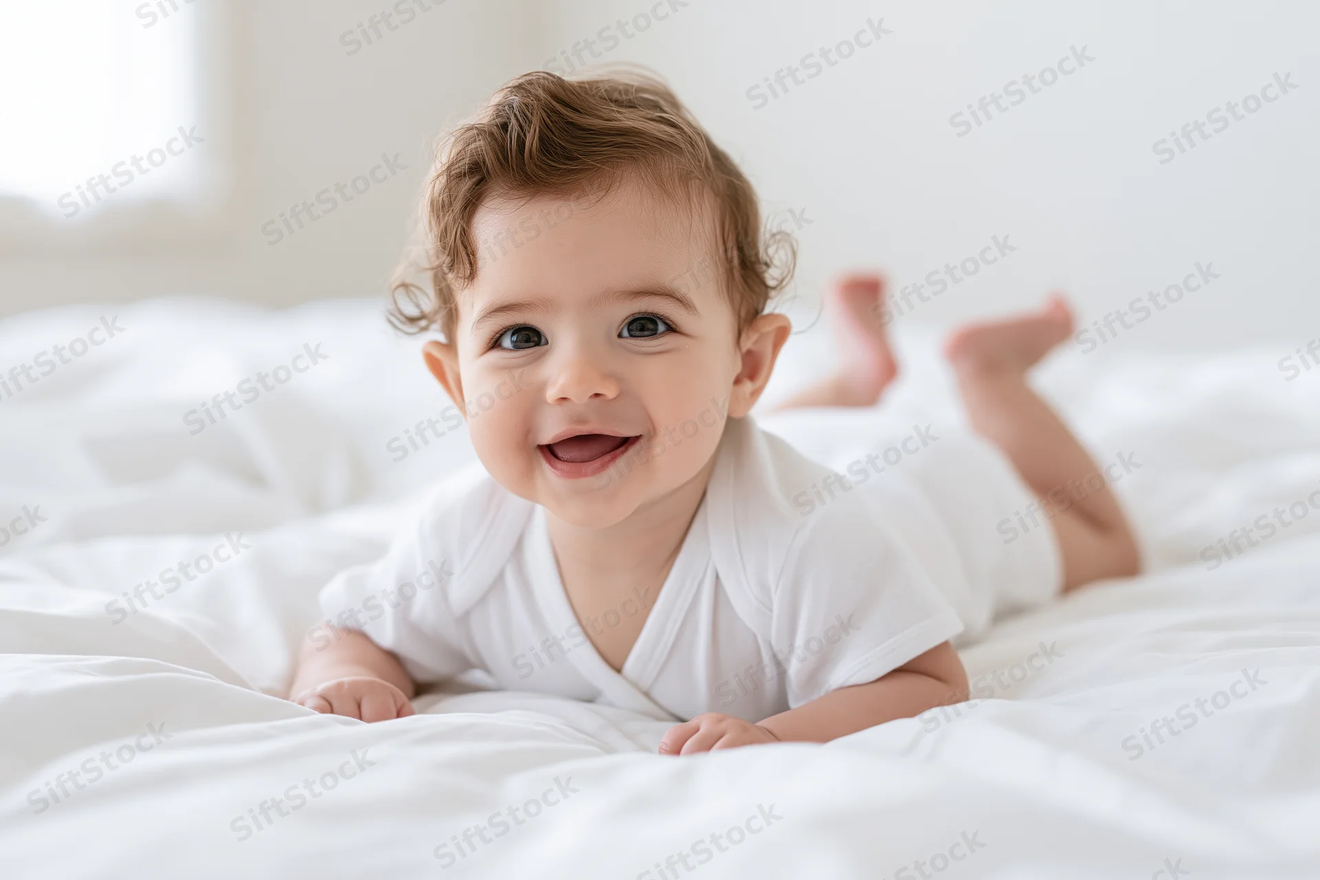 Smiling baby lying on stomach on white bed with head lifted