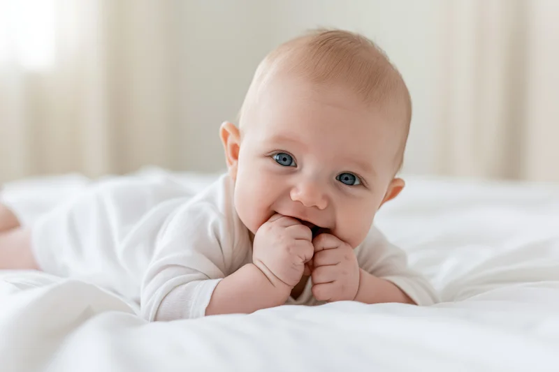 Smiling baby lying on stomach on white bed with hands near mouth