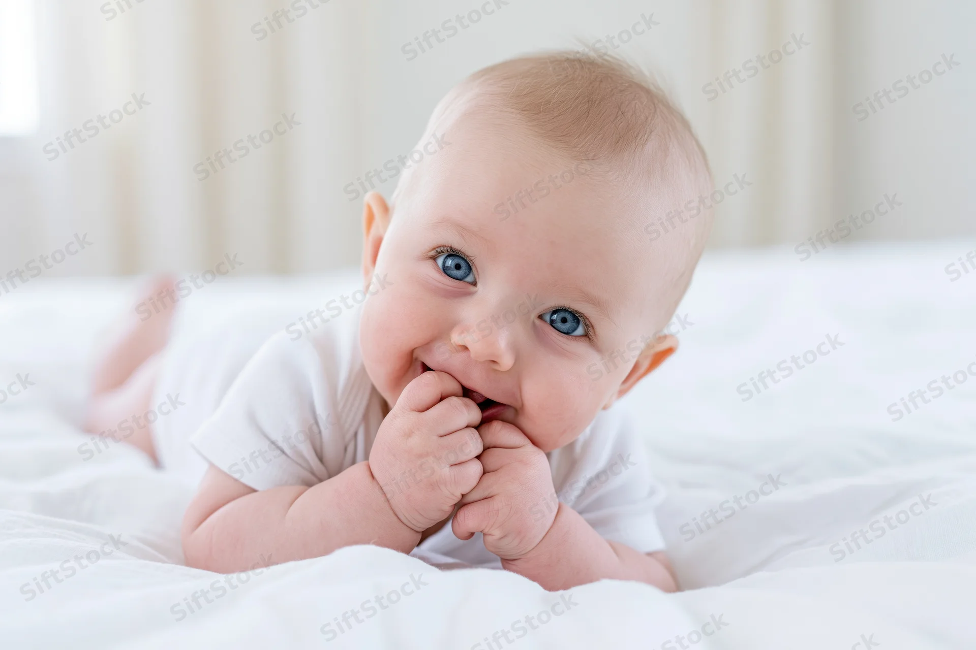 Smiling baby lying on stomach on white bed with hands near mouth