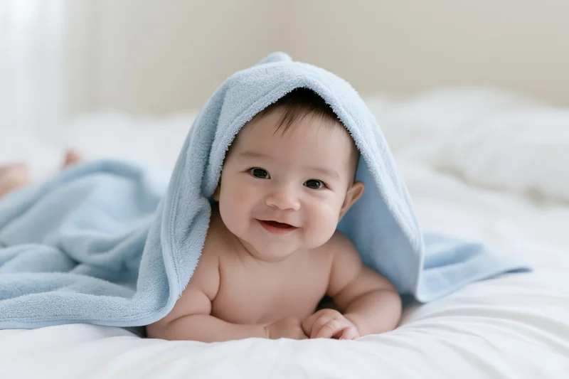 Smiling baby lying on stomach on white bed with blue hooded towel