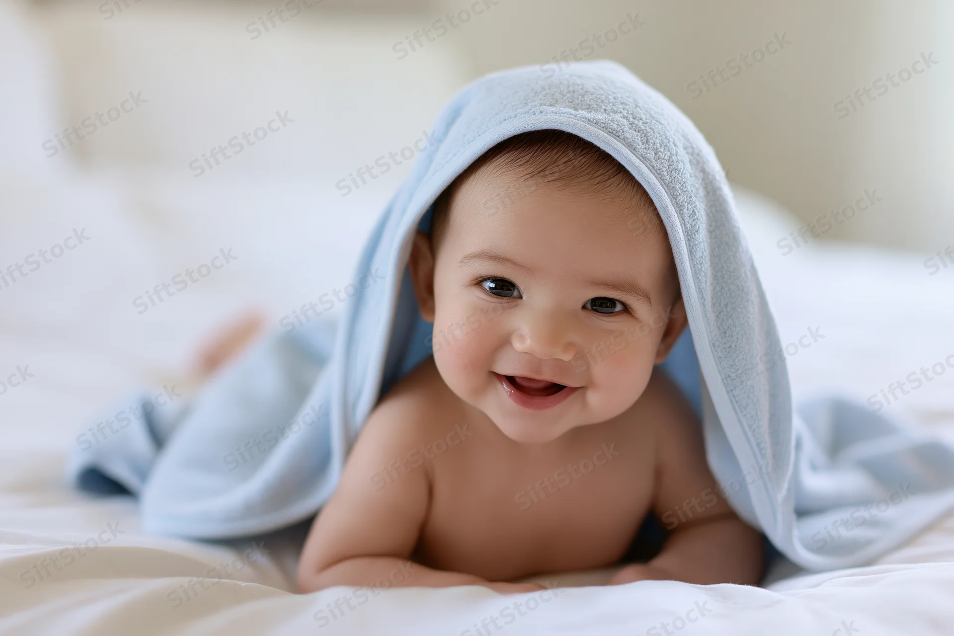 Smiling baby lying on stomach on white bed with blue hooded towel