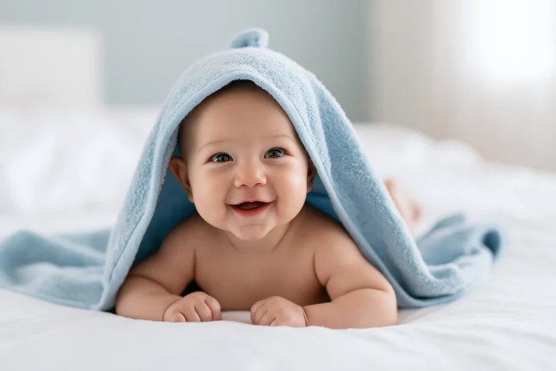 Smiling baby lying on stomach on white bed under blue hooded towel
