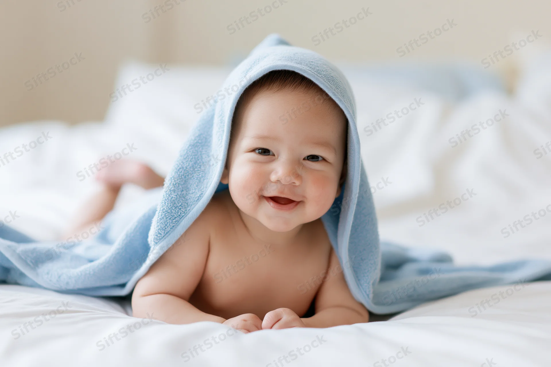 Smiling baby lying on stomach on white bed with blue hooded towel