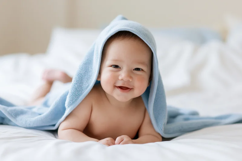 Smiling baby lying on stomach on white bed with blue hooded towel