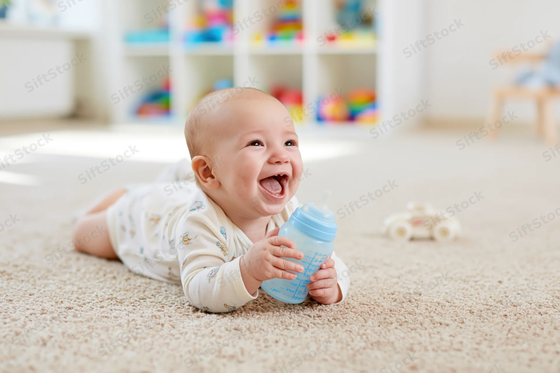 Smiling baby lying on stomach on beige carpet holding a blue bottle