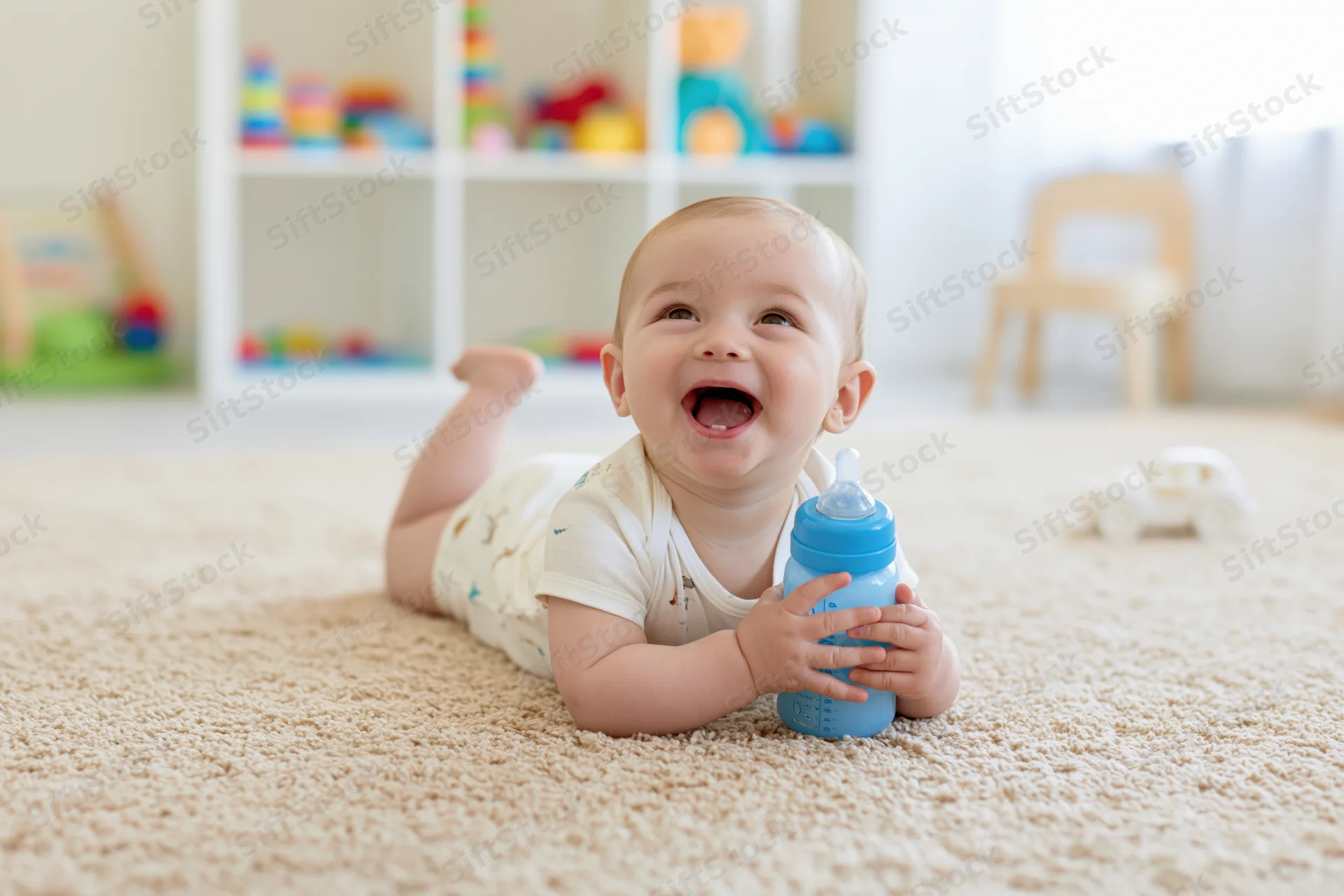 Smiling baby lying on stomach on beige carpet holding a blue bottle