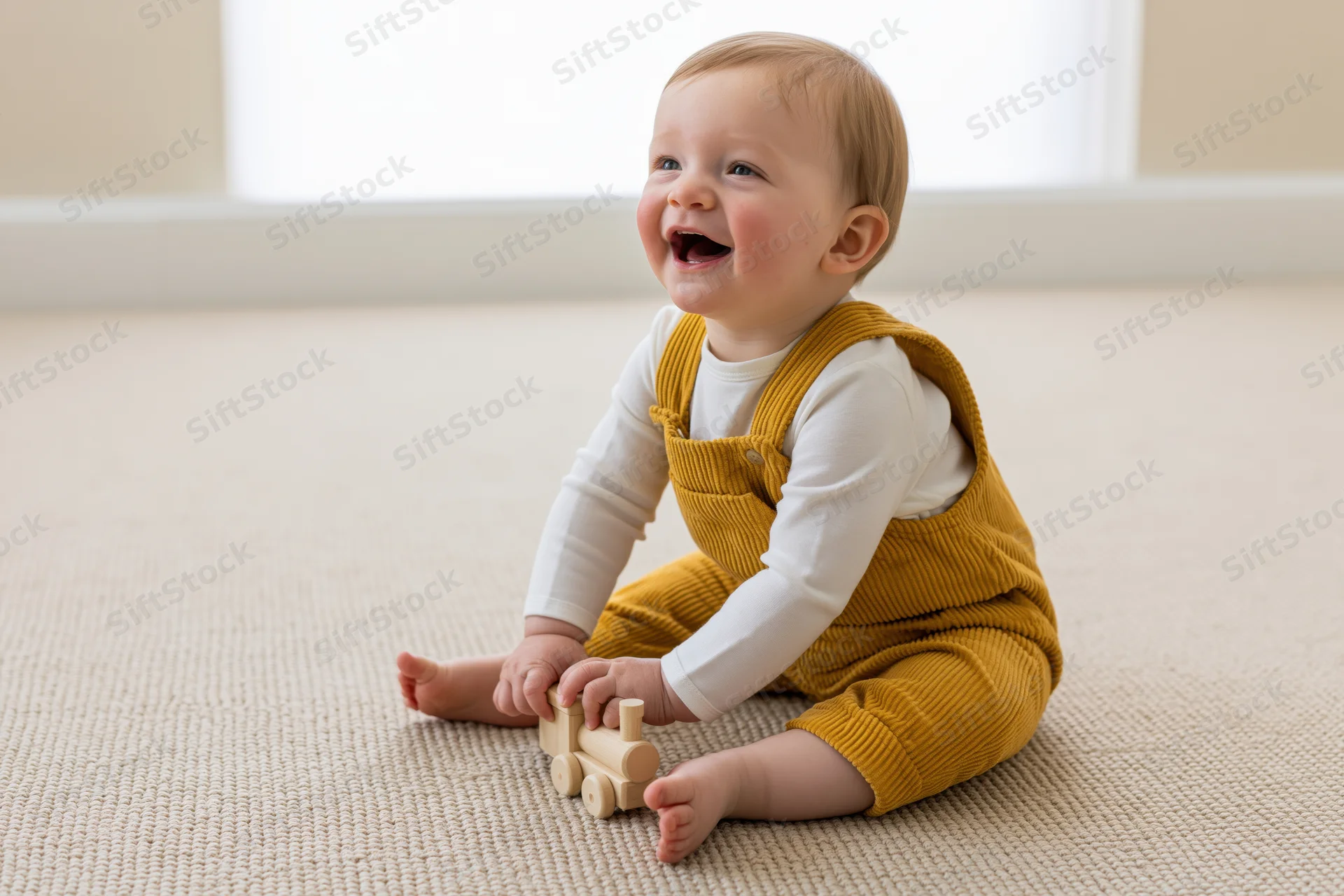 Smiling baby sitting on beige carpet playing with wooden toy train