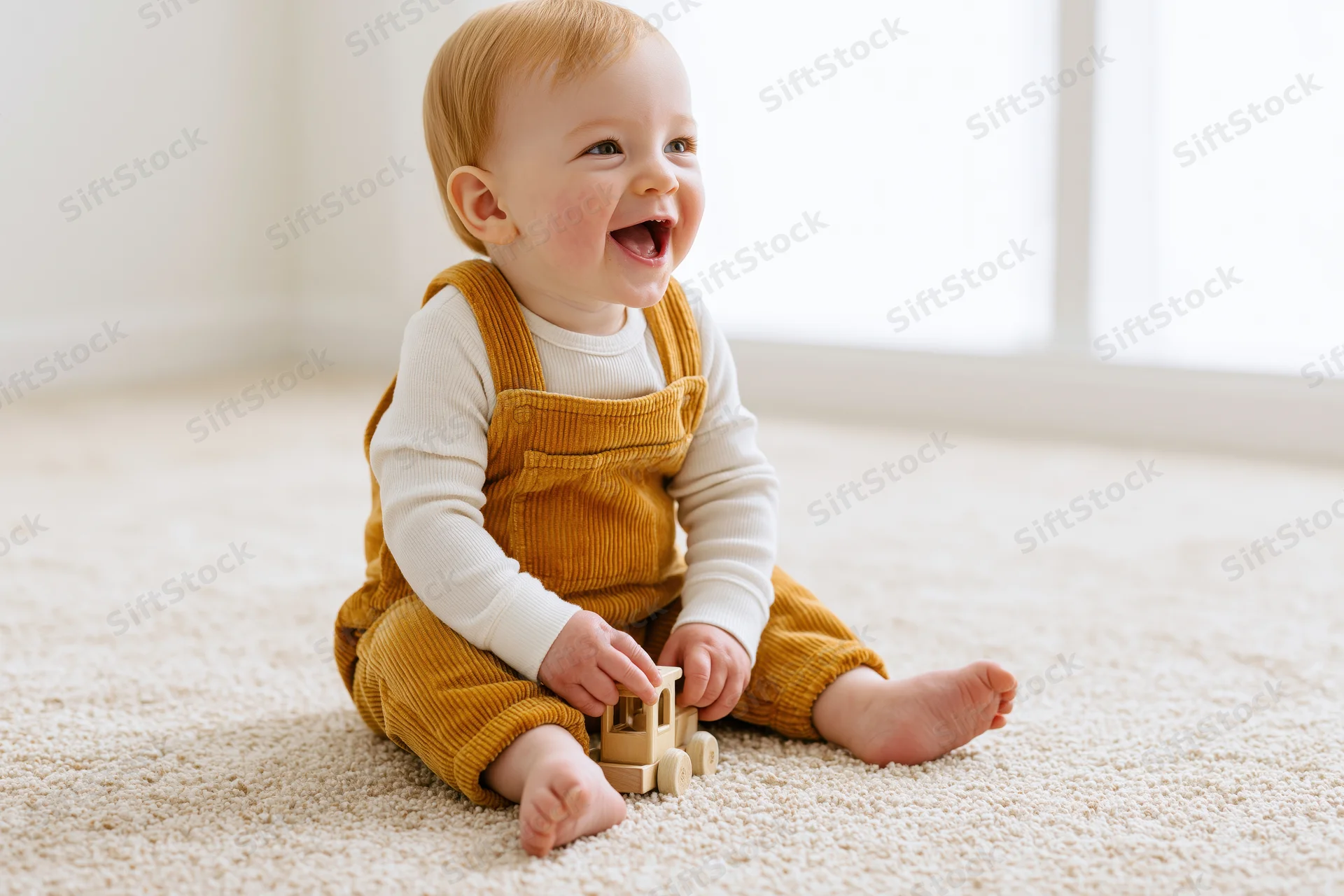 Baby sitting on carpet playing with wooden toy truck indoors
