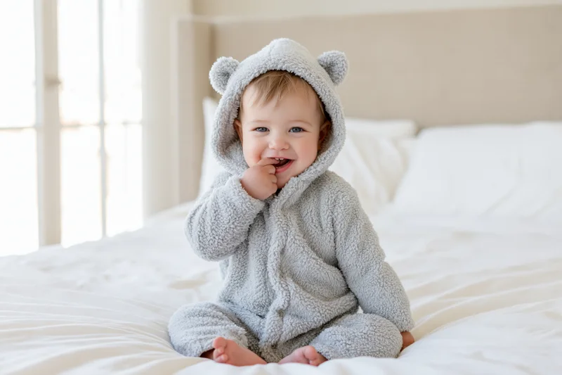 Smiling baby sitting on white bed in gray hooded bear onesie with hand near mouth