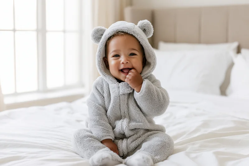 Smiling baby in gray bear onesie sitting on white bed with hand near mouth