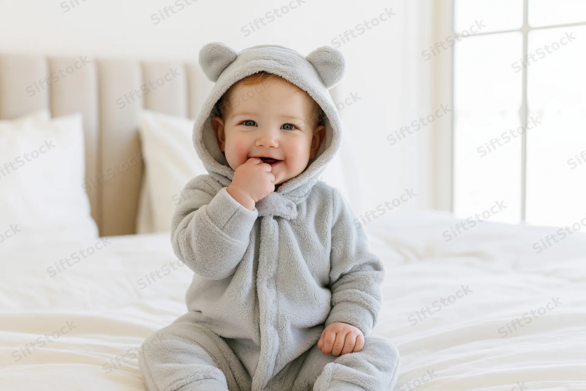 Smiling baby in gray hooded onesie sitting on white bed with hand near mouth