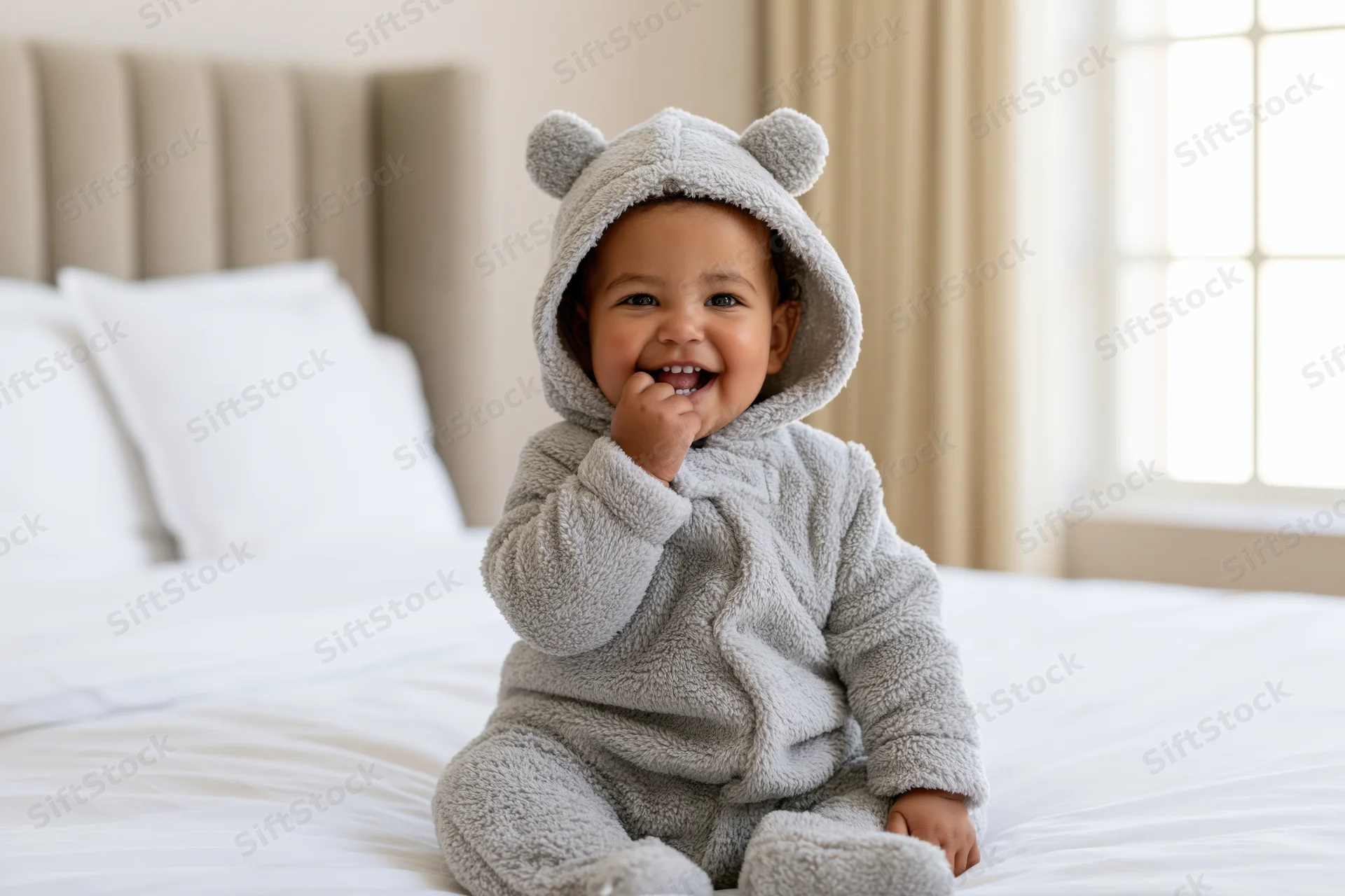 Smiling baby in grey bear costume sitting on white bed with hand near mouth