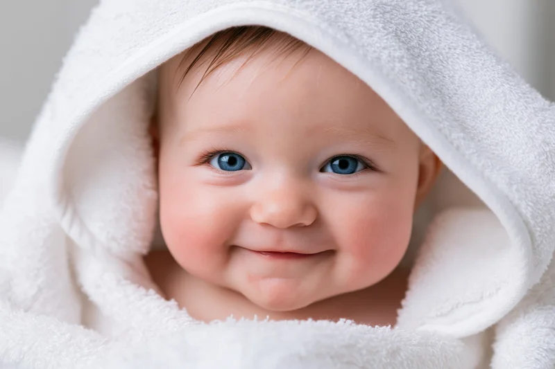 Smiling baby with bright blue eyes peeking from under a white hooded towel