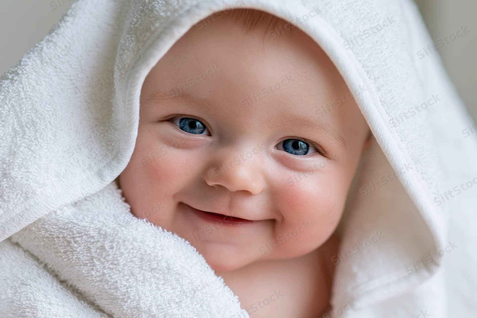 Smiling baby with bright blue eyes peeking from under a white towel