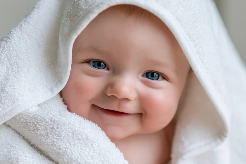 Smiling baby with blue eyes peeking from under a towel