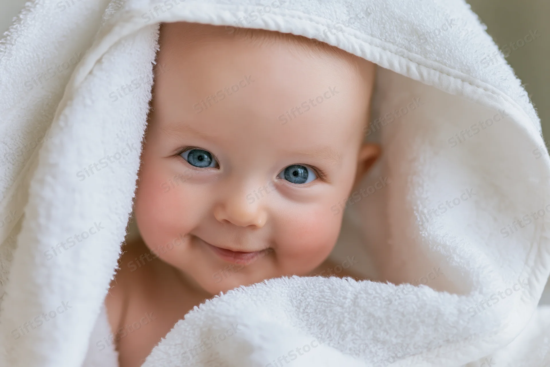 Smiling baby with bright blue eyes peeking from under a white towel