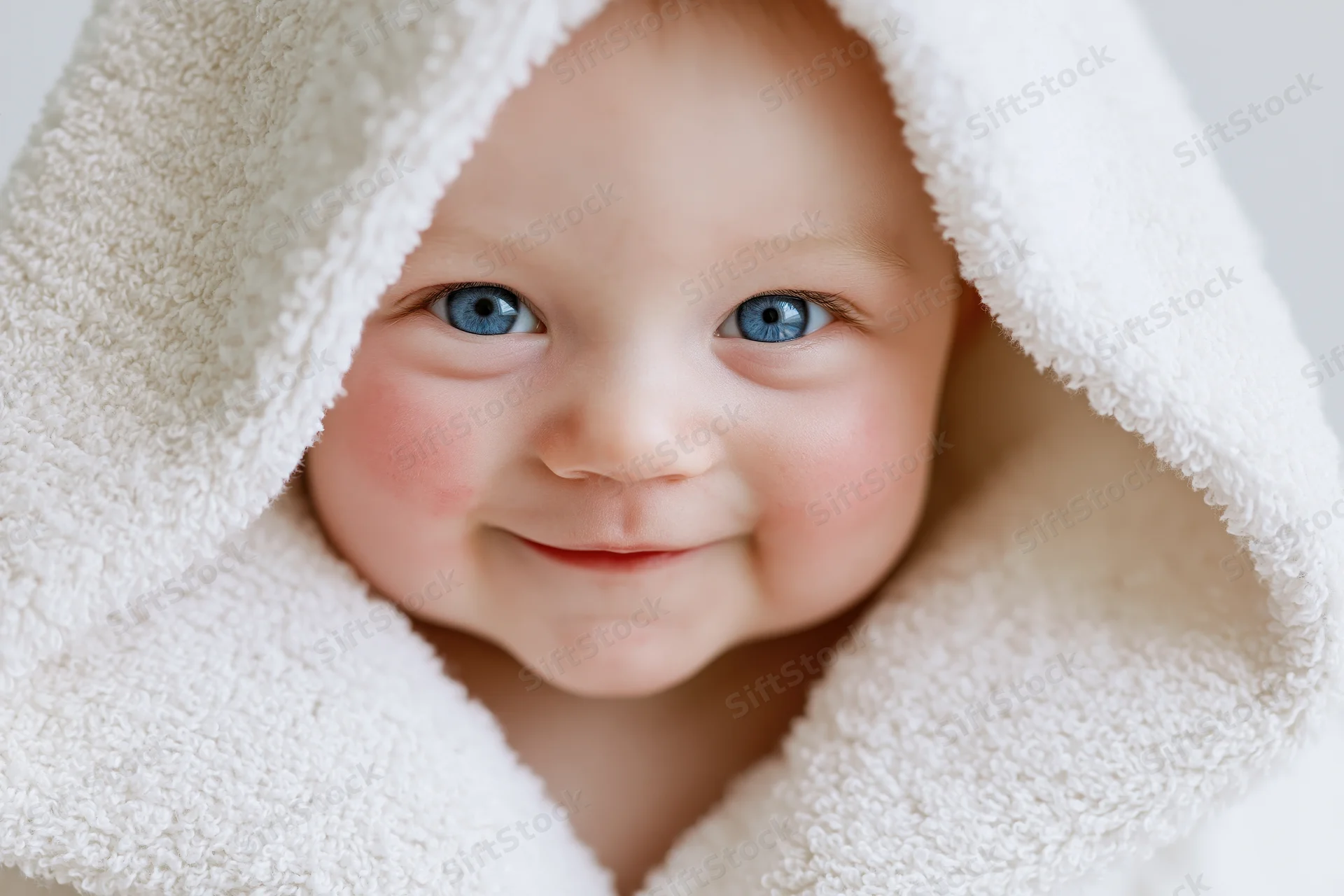 Smiling baby with bright blue eyes peeking from under a white towel