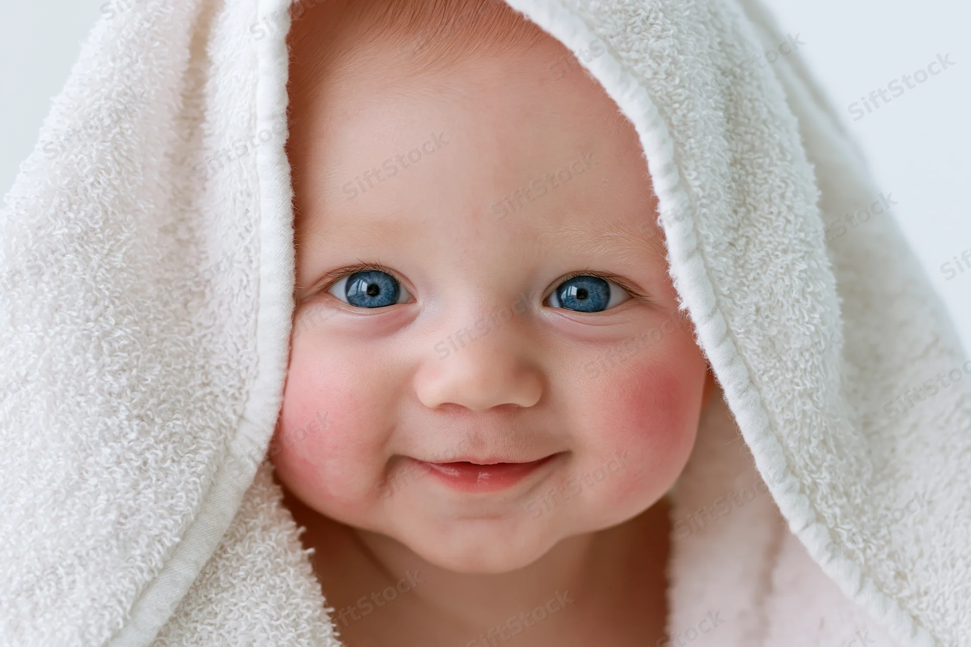 Smiling baby with bright blue eyes peeking from under a hooded towel
