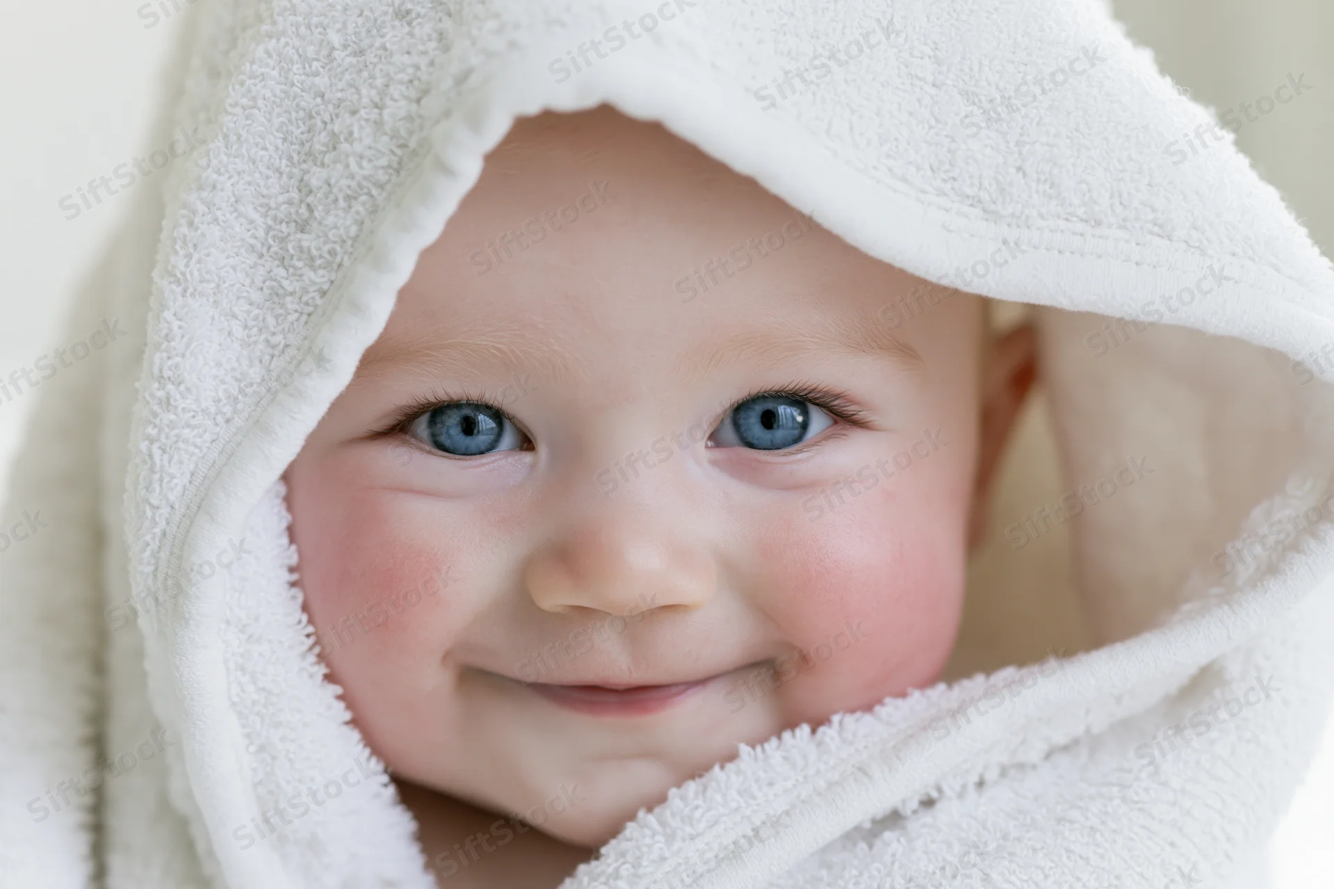 Smiling baby with bright blue eyes peeking from under a white hooded towel