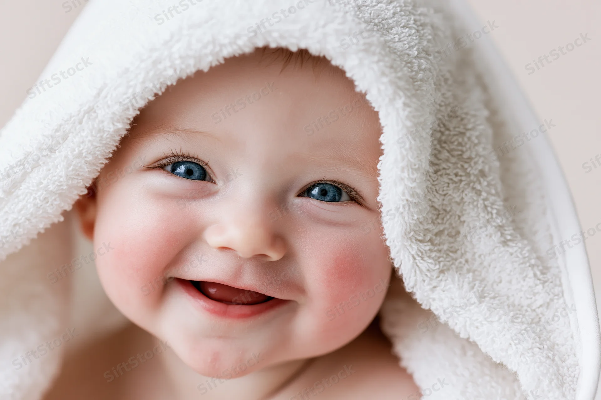Smiling baby with bright blue eyes peeking from under a white towel hood