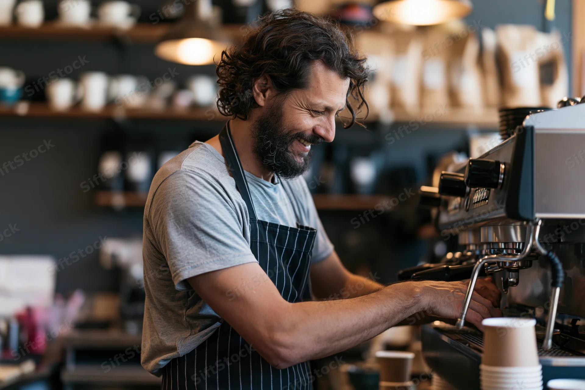 Smiling male barista operating espresso machine in coffee shop interior
